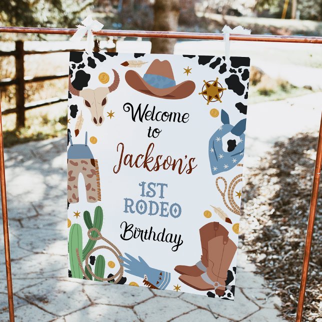 Blue Brown First Rodeo 1st Birthday Welcome Sign (Editable Boys 1st Rodeo Birthday Welcome Sign, Cowboy Birthday Party Welcome Poster, Wild West )