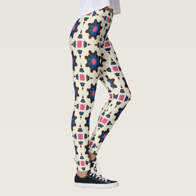 Blue Brown Floral Geometric Pattern Leggings (Right)
