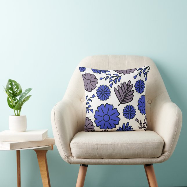 Blue & Brown Flowers Throw Pillow (Chair)