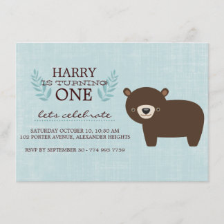 Blue & Brown Forest Bear Boys Birthday Invite