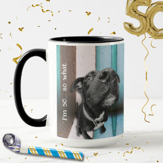 Blue Brown Funny 50th Dog Close Up Mug