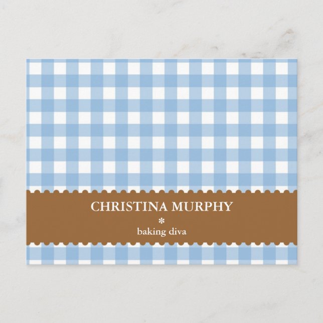 Blue brown gingham lined custom name recipe card (Front)