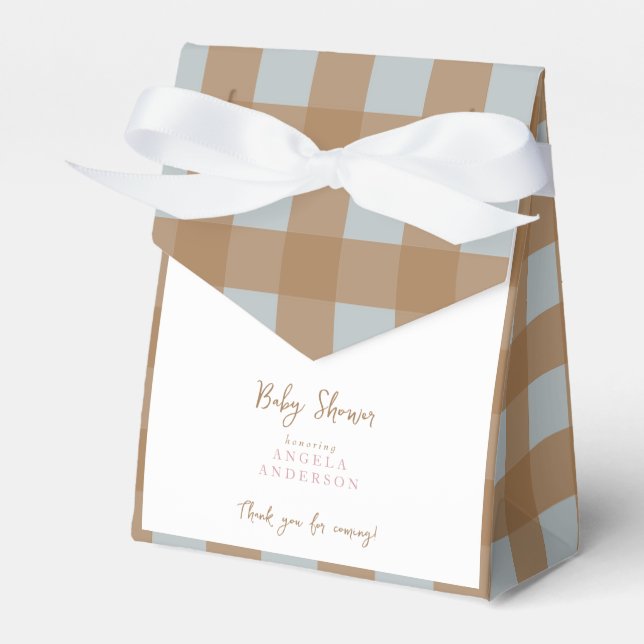 Blue & Brown Gingham Shower Thank You Favor Box (Front Side)