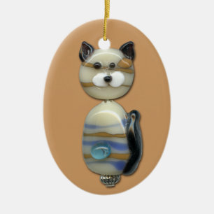 Blue Brown Glass Bead Cat Ceramic Tree Decoration