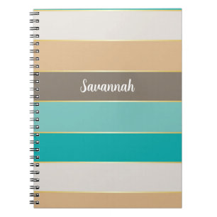 Blue Brown Gold Custom Summer Colour Block Stripes Notebook