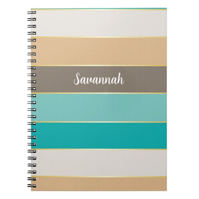 Blue Brown Gold Custom Summer Colour Block Stripes Notebook (Front)