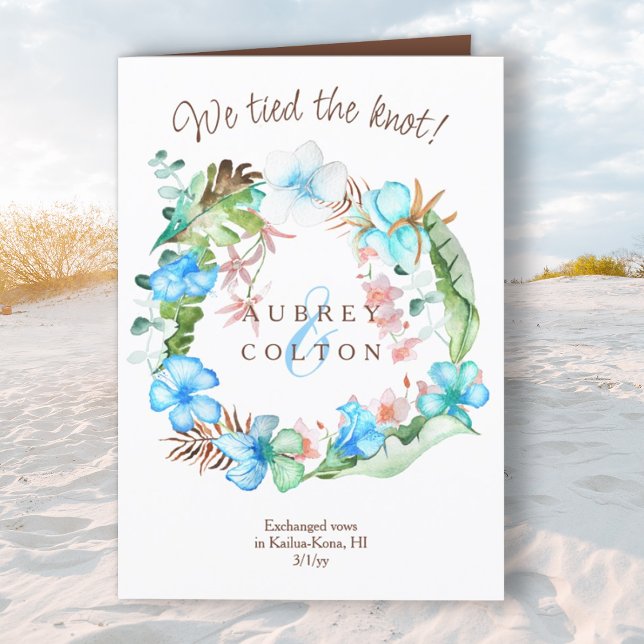 Blue, Brown, Green Tropical Elopement Announcement (Folded tropical elopement announcement, blue hibiscus flowers wreath, green banana leaves)