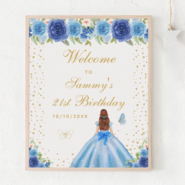 Blue Brown Hair Girl Birthday Party Welcome Poster (Creator Uploaded)