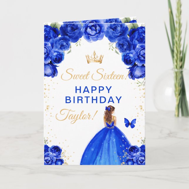 Blue Brown Hair Girl Sweet Sixteen Birthday Card (Front)