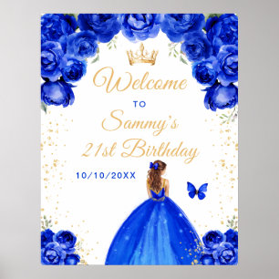 Blue Brown Hair Princess Birthday Welcome Poster