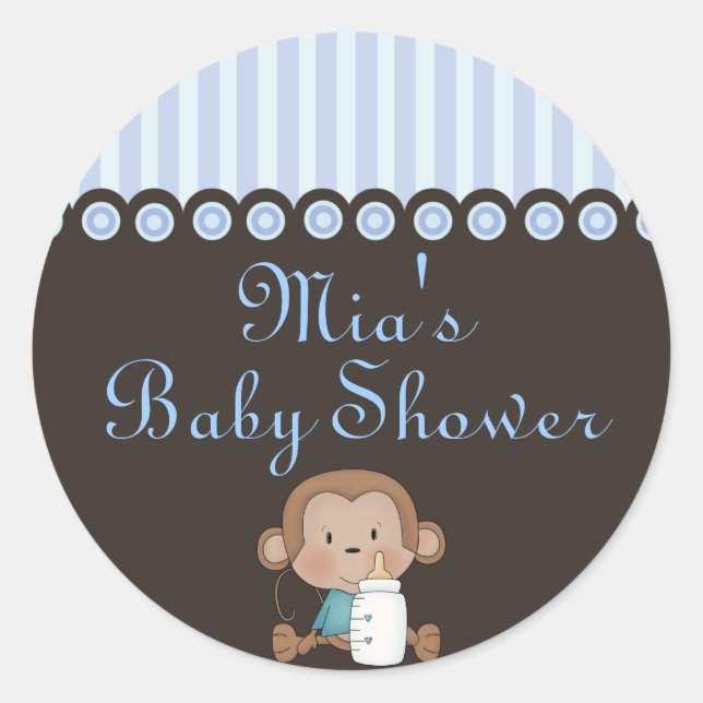Blue & Brown Monkey Design Baby Shower Sticker (Front)