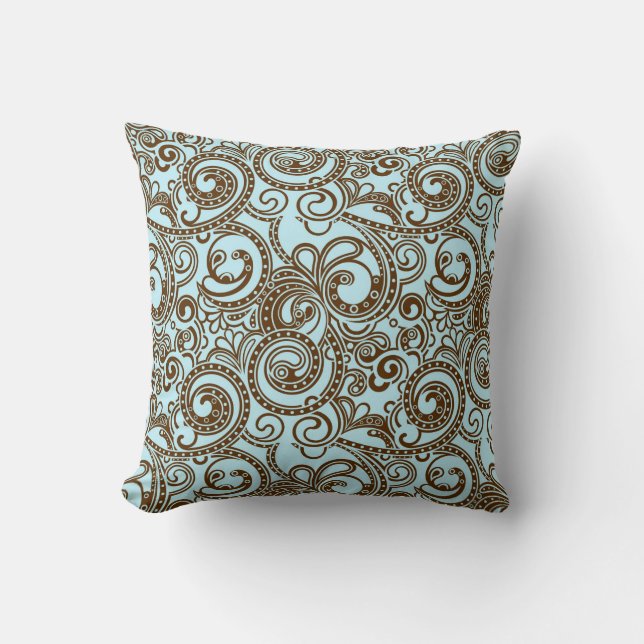 Blue & Brown Ornate Abstract Swirls Pattern Cushion (Front)