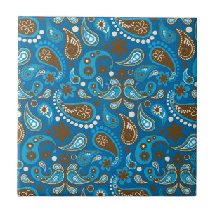 Blue Brown Paisley Floral Flowers Farmer Classy Tile