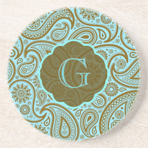 Blue & Brown Paisley Retro Pattern-Monogram Coaster