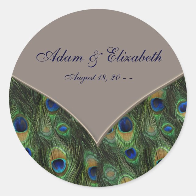 Blue Brown Peacock Wedding Favour Label (Front)