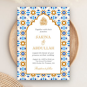 Blue Brown Persian Mosaic QR Code Muslim Wedding Invitation