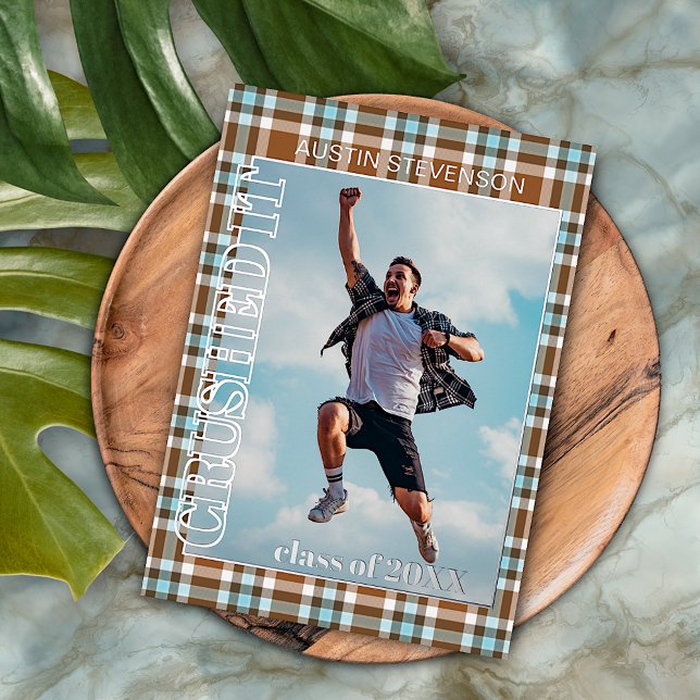 Blue Brown Plaid Gold Foil Graduation Announcement (Creator Uploaded)