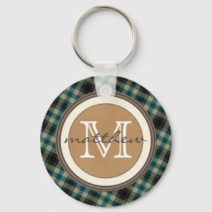 Blue Brown Plaid Monogram Key Ring