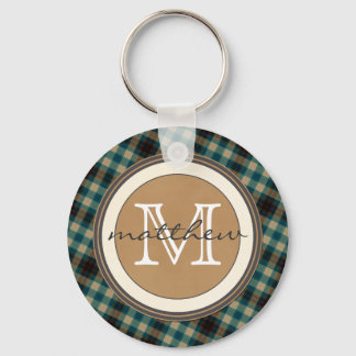 Blue Brown Plaid Monogram Key Ring