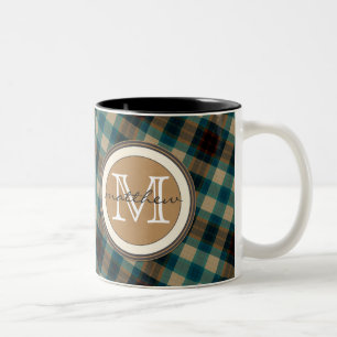 Blue Brown Plaid Monogram Two-Tone Coffee Mug