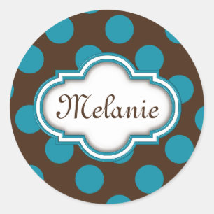 Blue Brown Polka Dots Quatrefoil Nameplate Classic Round Sticker