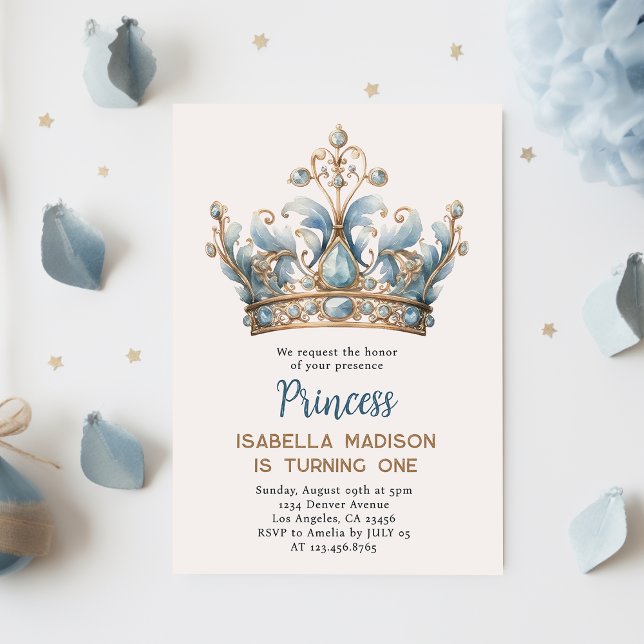 Blue Brown Princess Crown 1st birthday Party Invitation (Creator Uploaded)