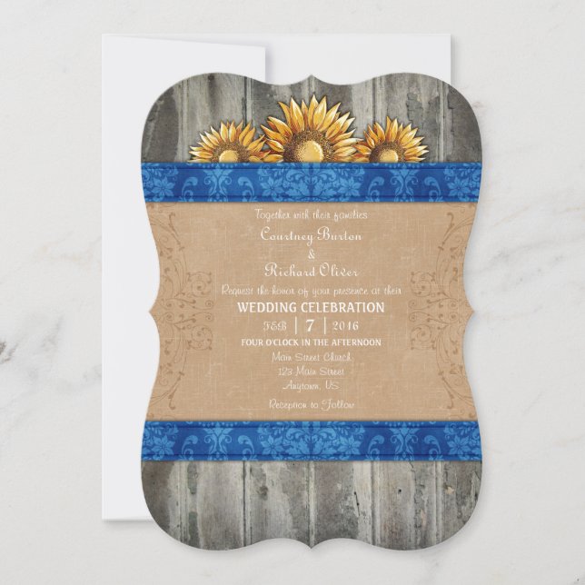 Blue Brown Rustic Sunflower Wedding Invite (Front)