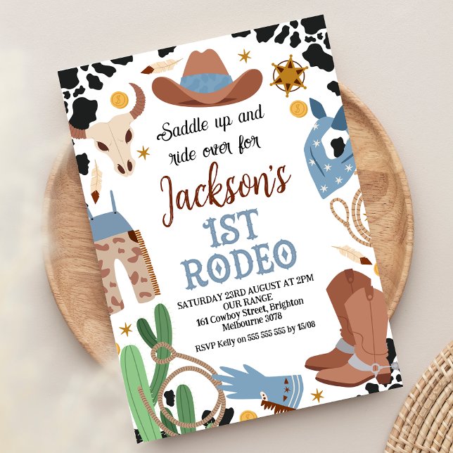 Blue Brown Saddle Up First Rodeo 1st Birthday  Invitation (Blue Brown First rodeo 1st birthday invitation, Wild west 1st birthday invite, My First Rodeo Invite)