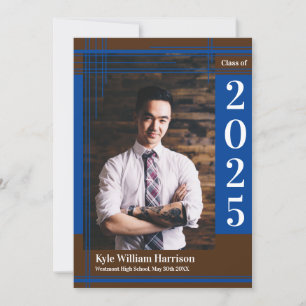 Blue Brown School Colour Graduation Photo Plaid Invitation