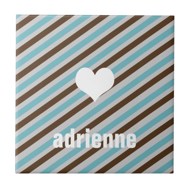 Blue brown stripe heart modern display tile (Front)