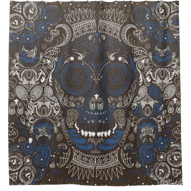 Blue & Brown Sugar Skull Line Art Shower Curtain (Front)