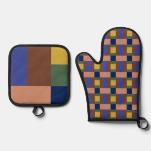 Blue Brown Tan Green Yellow Colour Block Print Oven Mitt & Pot Holder Set