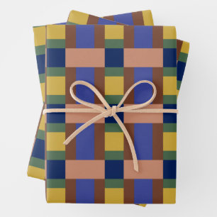 Blue Brown Tan Green Yellow Colour Block Print Wrapping Paper Sheet