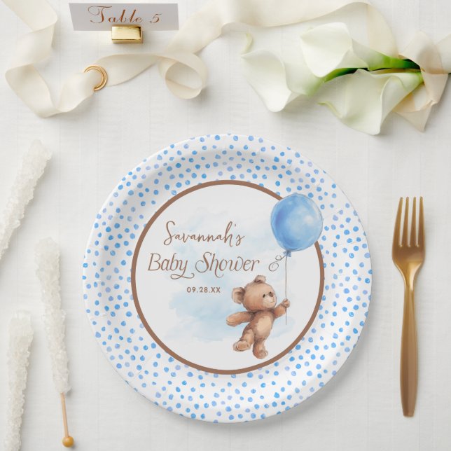 Blue Brown Teddy Bear Baby Shower Paper Plate (Wedding)