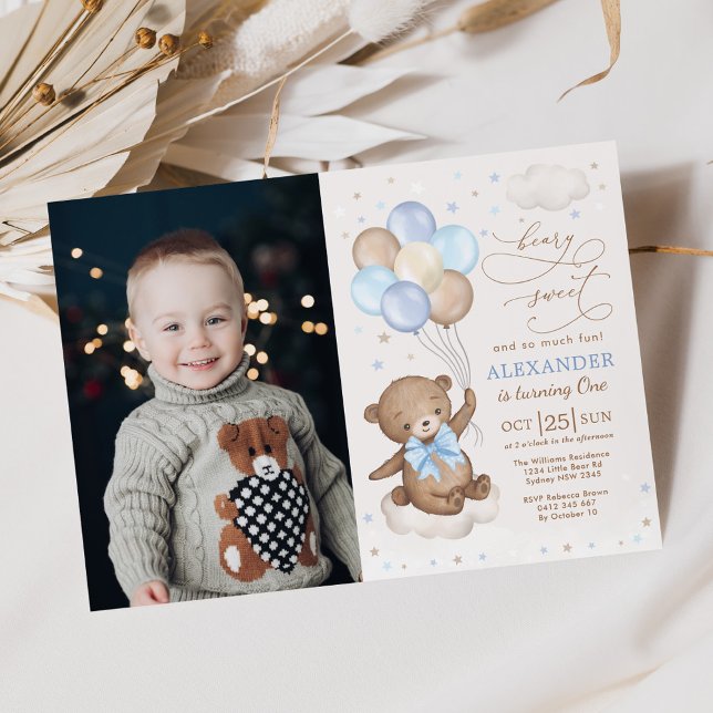 Blue Brown Teddy Bear Balloons Birthday Boy Photo Invitation (Creator Uploaded)