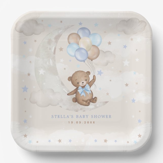 Blue Brown Teddy Bear Balloons Moon Stars Baby Boy Paper Plate (Front)