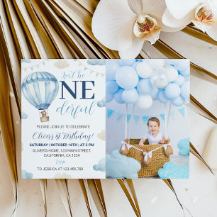 Blue Brown Teddy Bear Birthday Photo Invitation