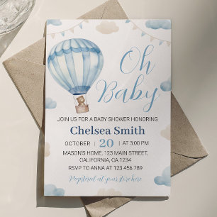 Blue Brown Teddy Bear Boy Baby Shower Invitation