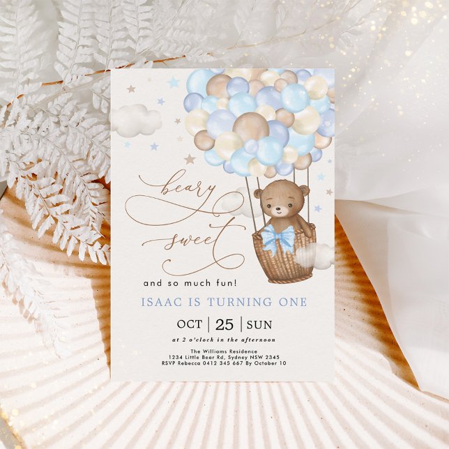 Blue Brown Teddy Bear Hot Air Balloon Boy Birthday Invitation (Creator Uploaded)