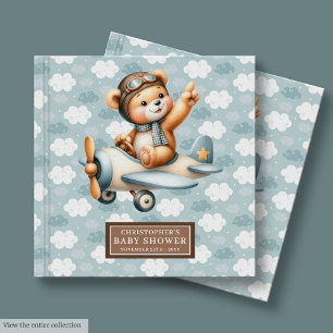 Blue Brown Teddy Bear Pilot Baby Shower Guest Book