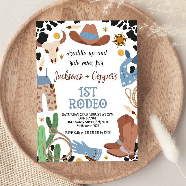 Blue Brown Twin Boys First Rodeo 1st Birthday  Invitation (Blue Brown Twin Boys First Rodeo 1st Birthday Invitation Wild West Western Themed Birthday Twin Boys)