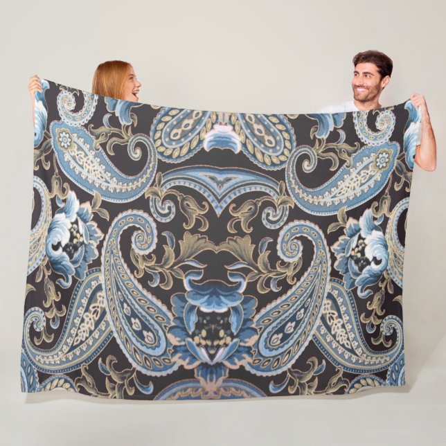 Blue Brown Vintage Paisley 2 Fleece Blanket (In Situ)