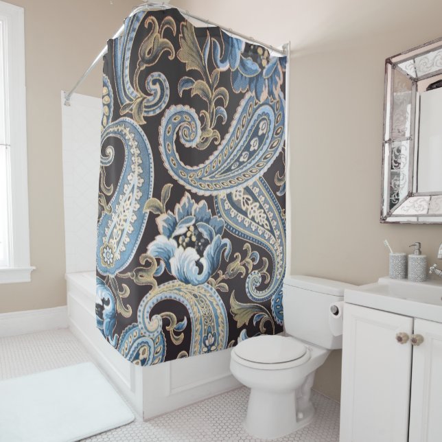Blue Brown Vintage Paisley Shower Curtain (In Situ)