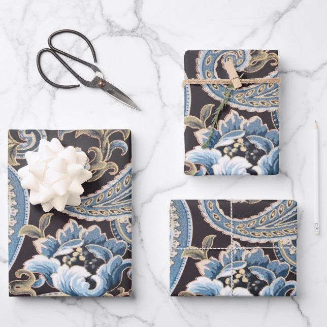 Blue Brown Vintage Paisley Wrapping Paper Sheet (Front)