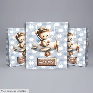 Blue Brown Watercolor Bear Baby Shower Favour Bag