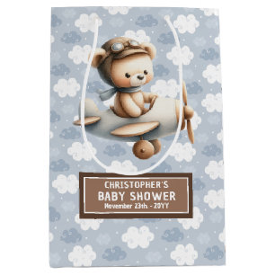 Blue Brown Watercolor Bear Baby Shower Favour Bag