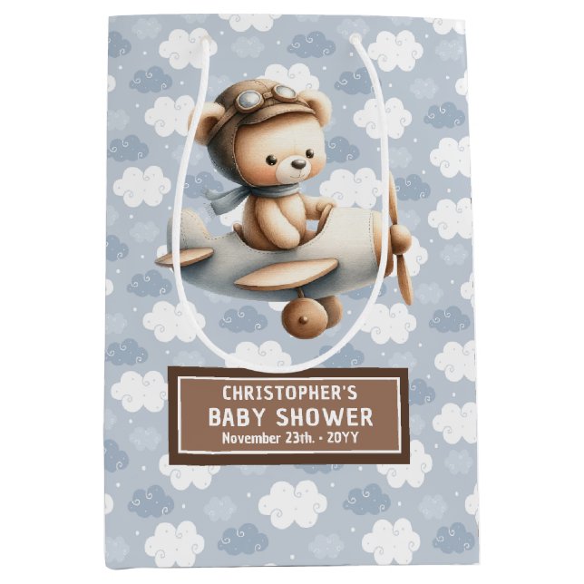 Blue Brown Watercolor Bear Baby Shower Favour Bag (Front)