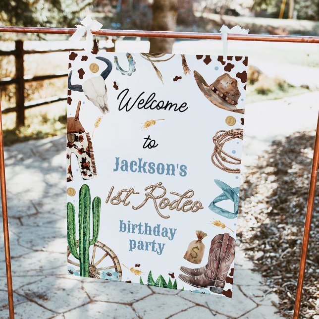 Blue Brown Western First Rodeo 1st Birthday Sign (Editable Boys First Rodeo 1st Birthday Welcome Sign, Cowboy Birthday Party Welcome Poster, Western)