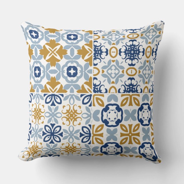 Blue brown white Portuguese tile pattern Cushion (Front)