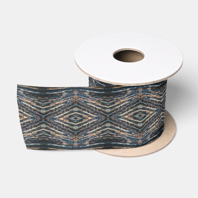 Blue & Brown Wood Beams Photo Perspective Pattern Satin Ribbon (Spool)